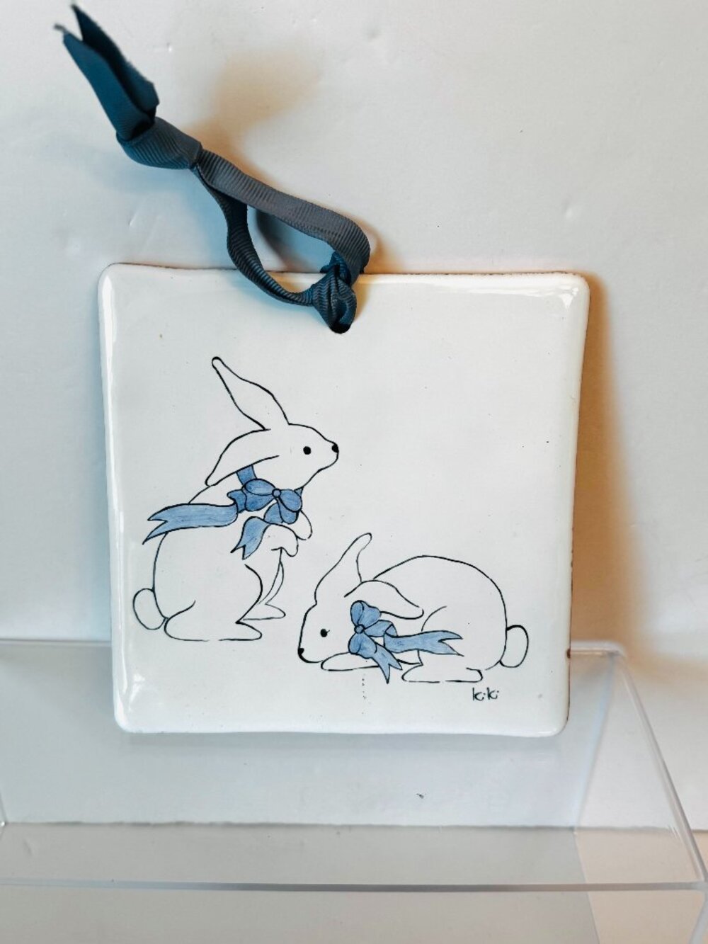 White Bunny Porcelain Glazed Tile 6x6" Rabbits Blue Bow Wall Decor Italian Signe